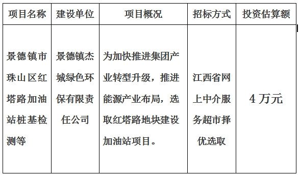 景德鎮(zhèn)市珠山區(qū)紅塔路加油站樁基檢測(cè)等計(jì)劃公告