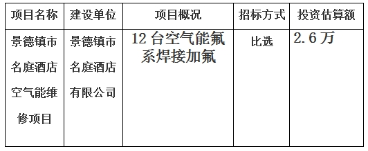 景德鎮(zhèn)市名庭酒店空氣能維修項(xiàng)目計(jì)劃公告　