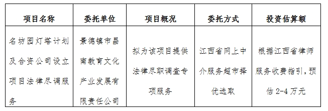 名坊園燈塔計劃及合資公司設立項目法律盡調(diào)服務計劃公告
